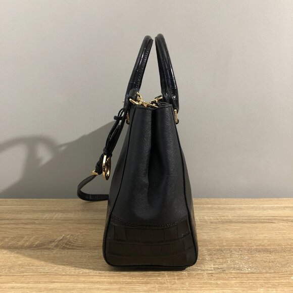 Michael Kors Kellen Black Embossed Leather Medium Satchel Luggage Handbag - Picture 2 of 16